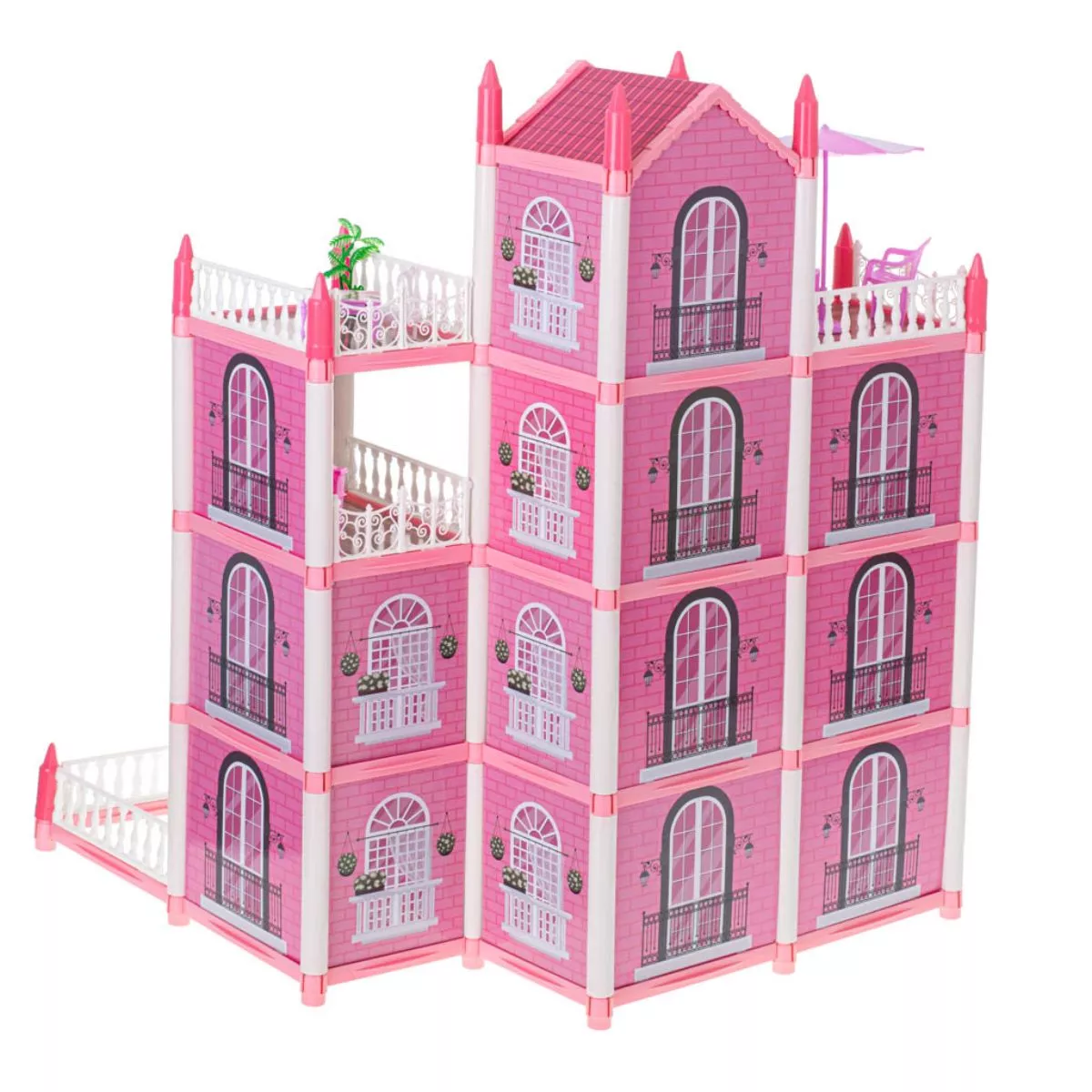 Casuta de papusi DIY, roz, cu 4 nivele , mobiler si accesorii 4