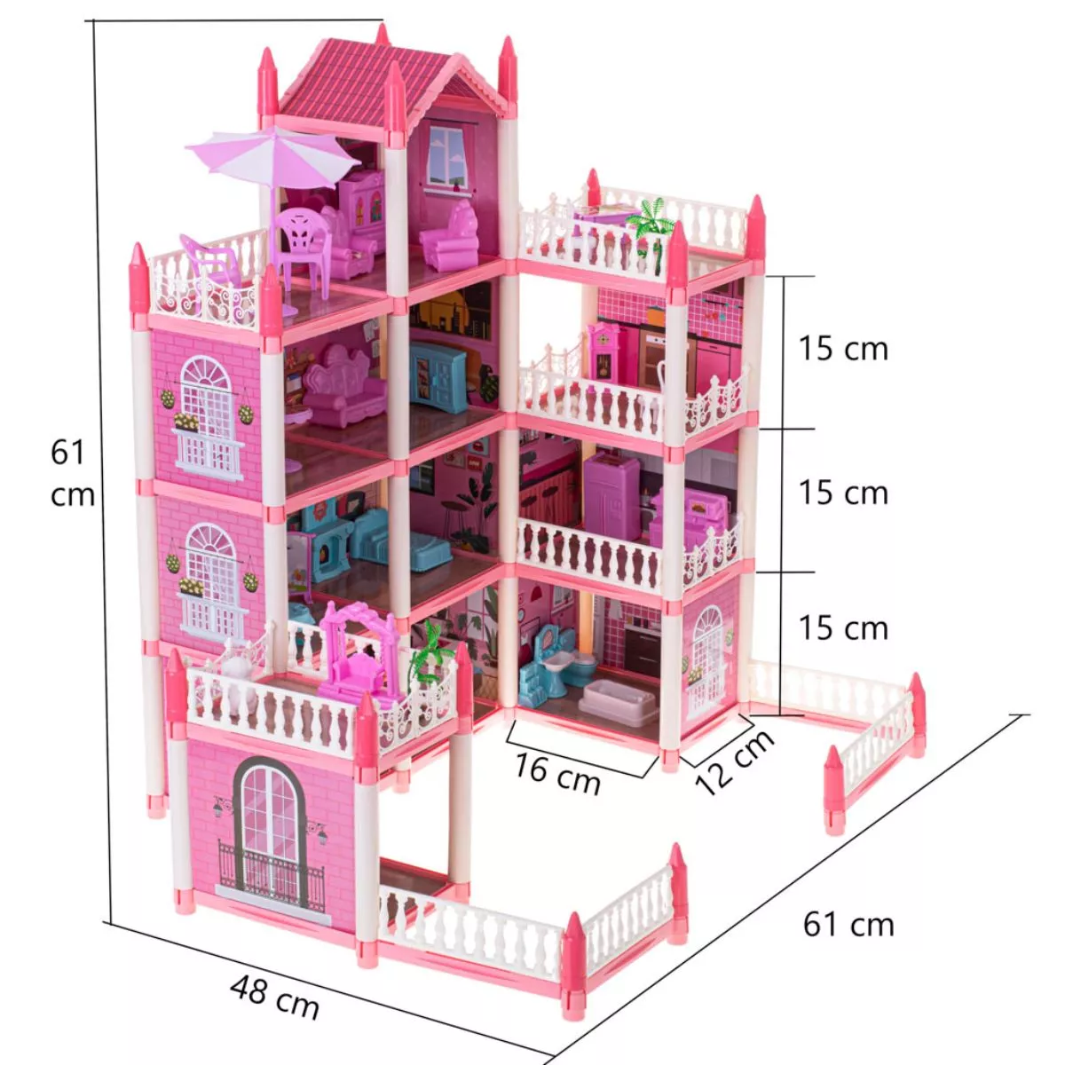 Casuta de papusi DIY, roz, cu 4 nivele , mobiler si accesorii 5