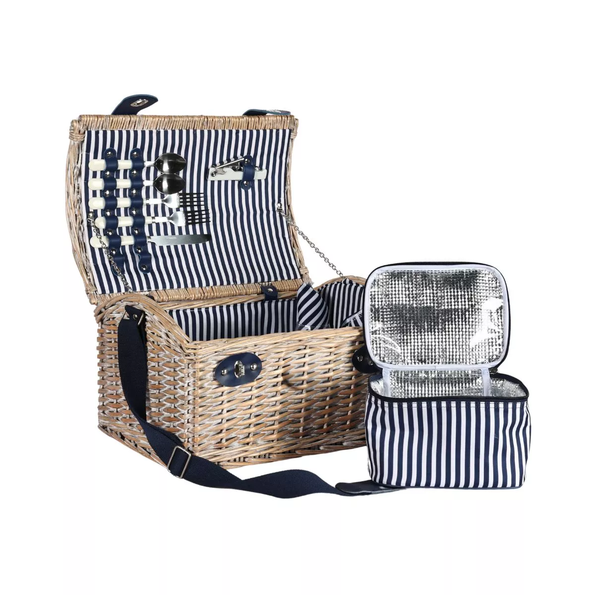 Cos de picnic pentru 2 persoane din rachita naturala bej , cu tacamuri, vesela si geanta frigorifica ZQ23-1185 2