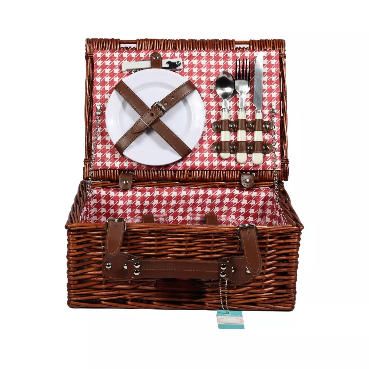 Cos de picnic pentru 2 persoane din rachita naturala maro cu vesela si tacamuri  ZQ23-1199 3