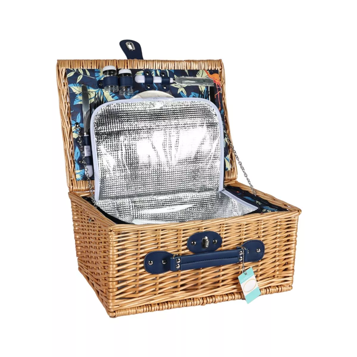 Cos de picnic pentru 2 persoane din rachita naturala maro cu vesela, tacamuri si compartiment frigorific  ZQ23-1147 3