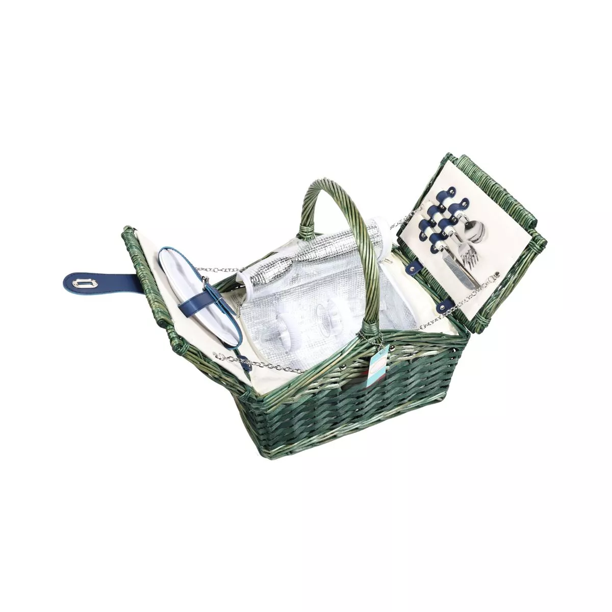 Cos de picnic pentru 2 persoane din rachita naturala verde cu vesela , tacamuri si compartiment frigorific ZQ23-1187 3