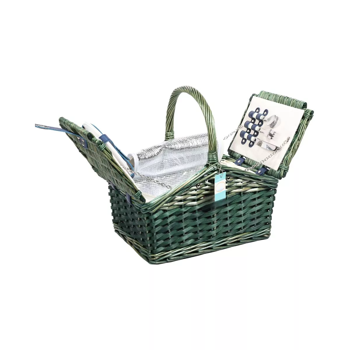 Cos de picnic pentru 2 persoane din rachita naturala verde cu vesela , tacamuri si compartiment frigorific ZQ23-1187 4