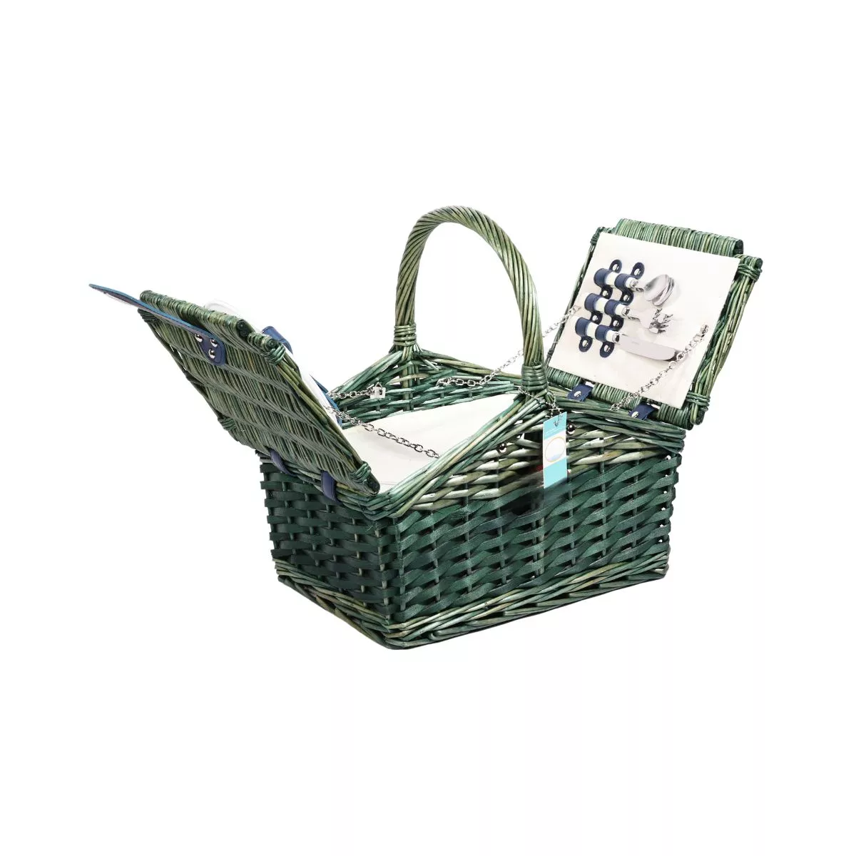 Cos de picnic pentru 2 persoane din rachita naturala verde cu vesela , tacamuri si compartiment frigorific ZQ23-1187 5
