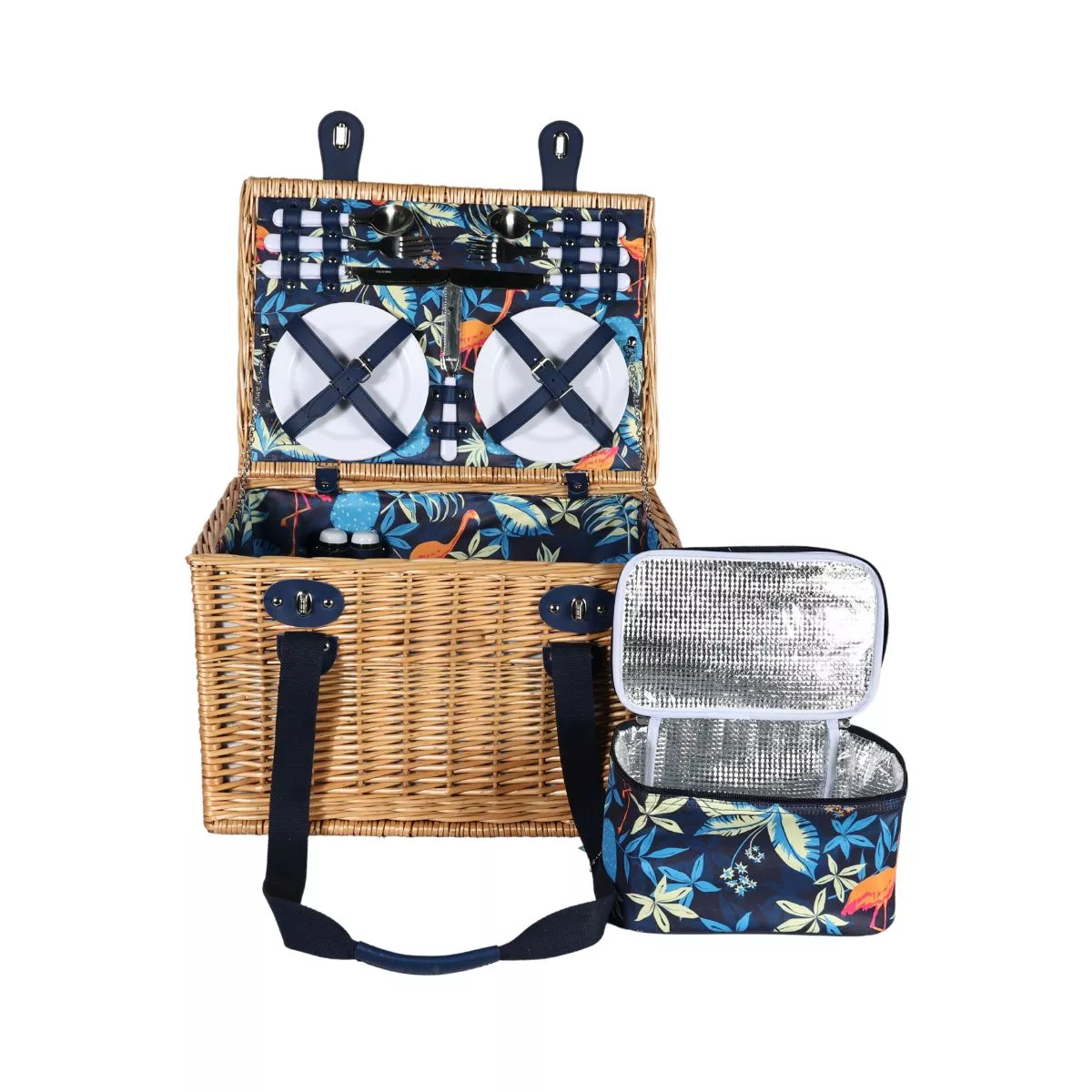 Cos de picnic pentru 4 persoane din rachita naturala maro deschis cu vesela, tacamuri si geanta frigorifica  ZQ23-1148 1