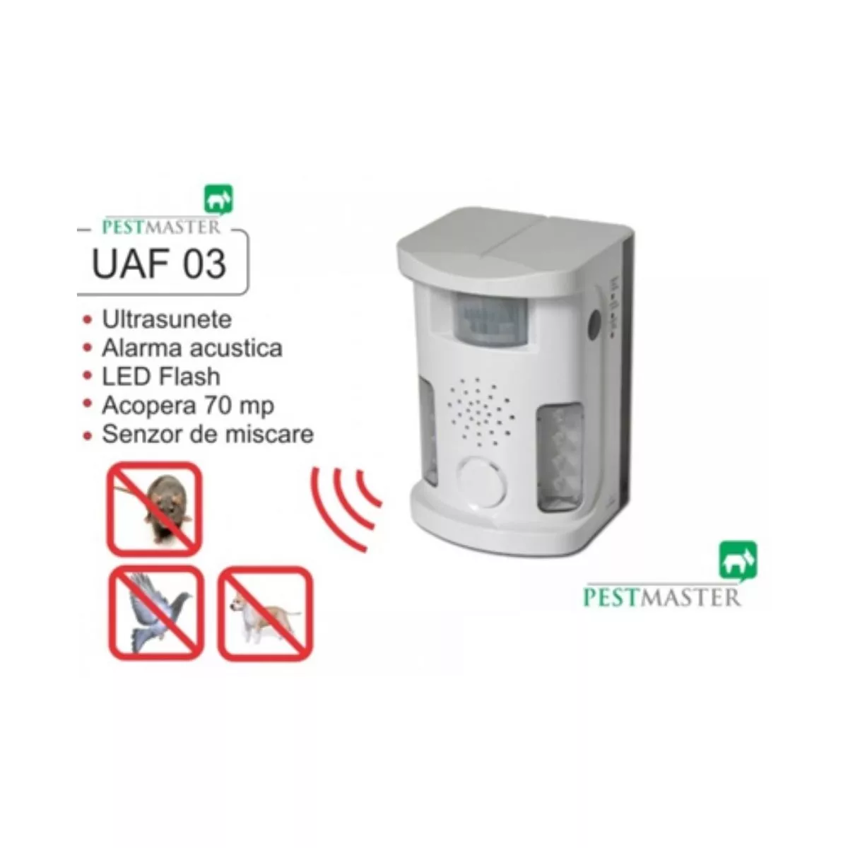 Dispozitiv electronic PestMaster UAF03  (70 mp) Ultrasunete si Alarma Acustica 1