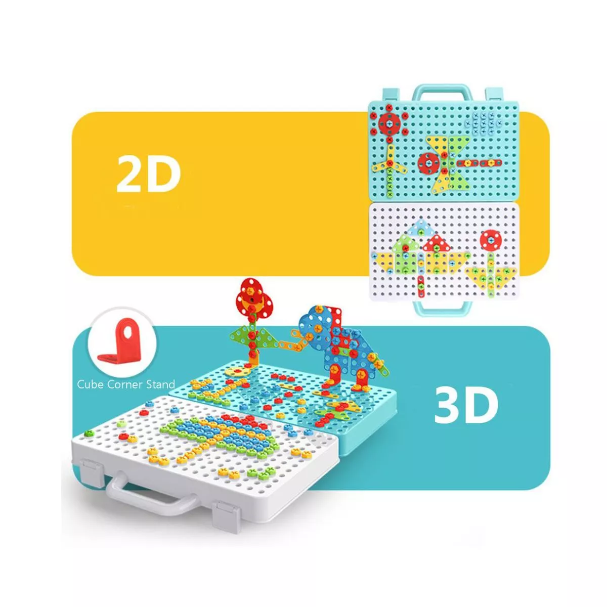 Jucarie educativa si interactiva STEM, set de constructie puzzle din ABS cu bormasina pentru inginerie 2D si 3D cu 237 piese, carcasa portabila, +3, WW2004 5