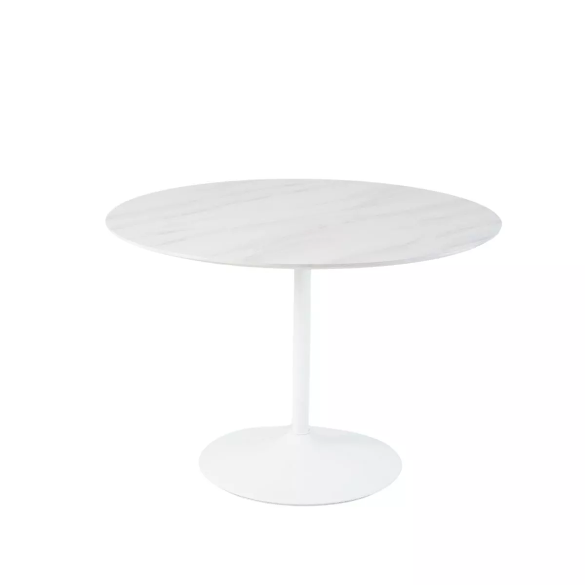 Masa de dining rotunda cu picior metalic si blat din MDF de culoare alba, aspect marmura, 110 cm diametru, 75 cm inaltime 1