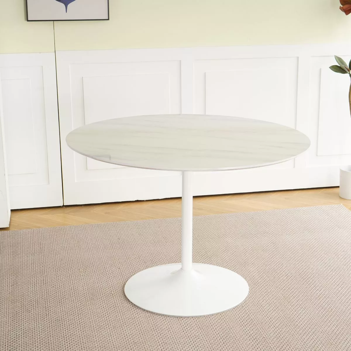 Masa de dining rotunda cu picior metalic si blat din MDF de culoare alba, aspect marmura, 110 cm diametru, 75 cm inaltime 2