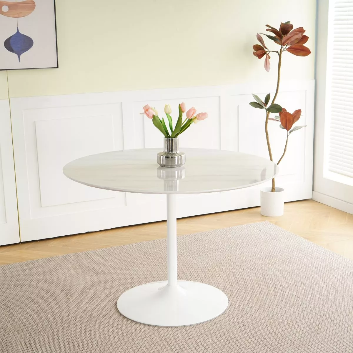 Masa de dining rotunda cu picior metalic si blat din MDF de culoare alba, aspect marmura, 110 cm diametru, 75 cm inaltime 3