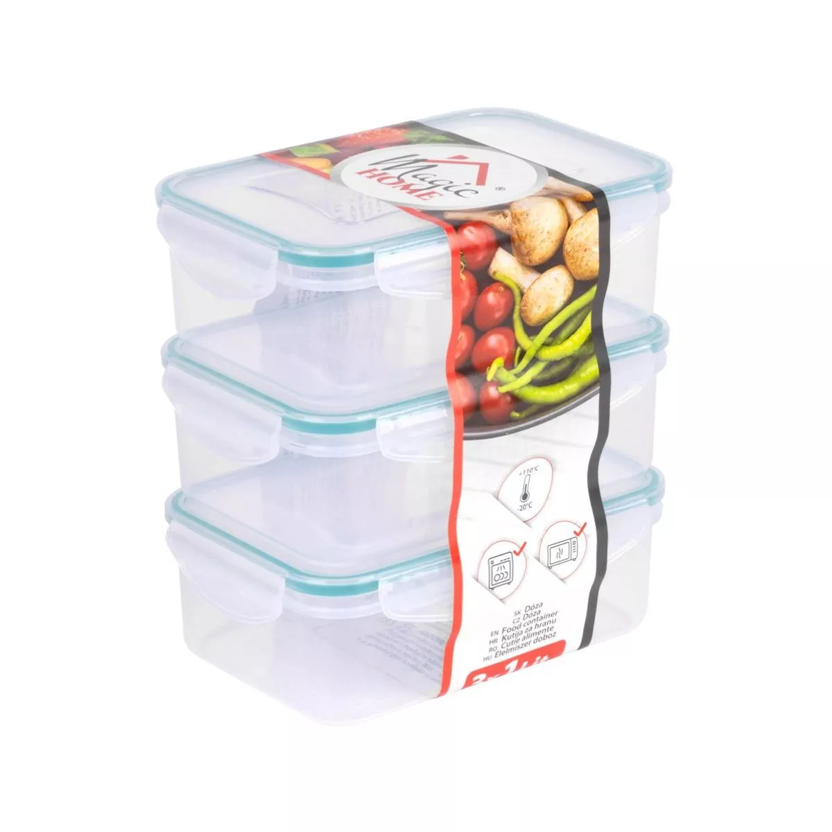 Set 3 caserole dreptunghiulare cu capac, din polipropilena, pentru alimente, 12.6 x 8.7 x 4.2 cm, 1l 1