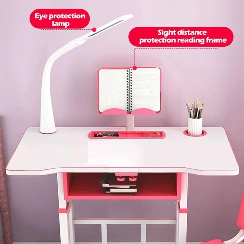 Set birou 70x49x70 cm si scaunel 37x31x70 cm, pentru copii, cu lampa LED, inaltime reglabila, Hectarul KT0044 (roz) 2