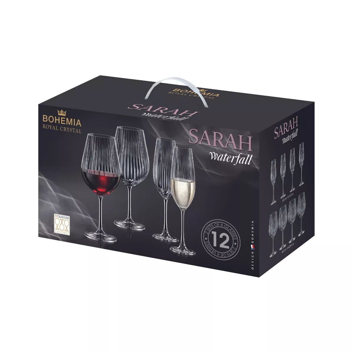 Set de 12 pahare pentru vin rosu si sampanie, transparent, din cristal de Bohemia, 260/690 ml, Sarah Waterfall 1
