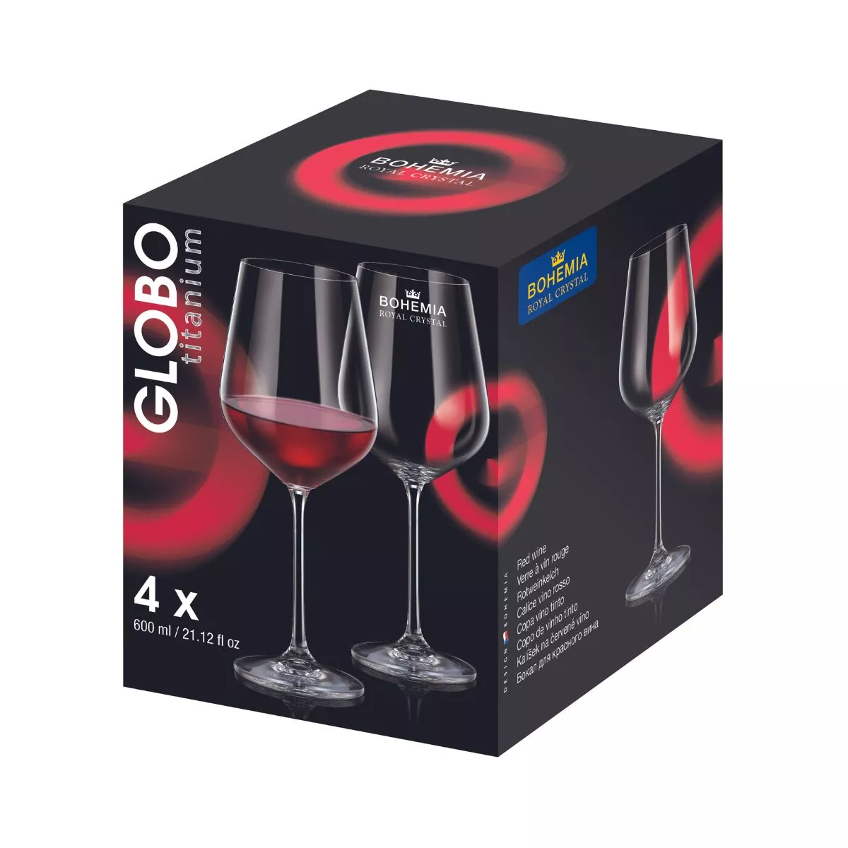 Set de 4 pahare pentru vin rosu, transparent, din cristal de Bohemia, 600 ml, Globo 2