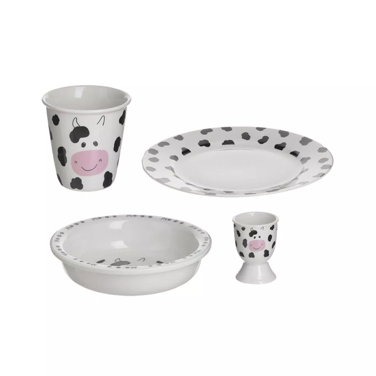 Set de masa pentru copii 4 piese roz / alb / negru din portelan Cow Inart 1