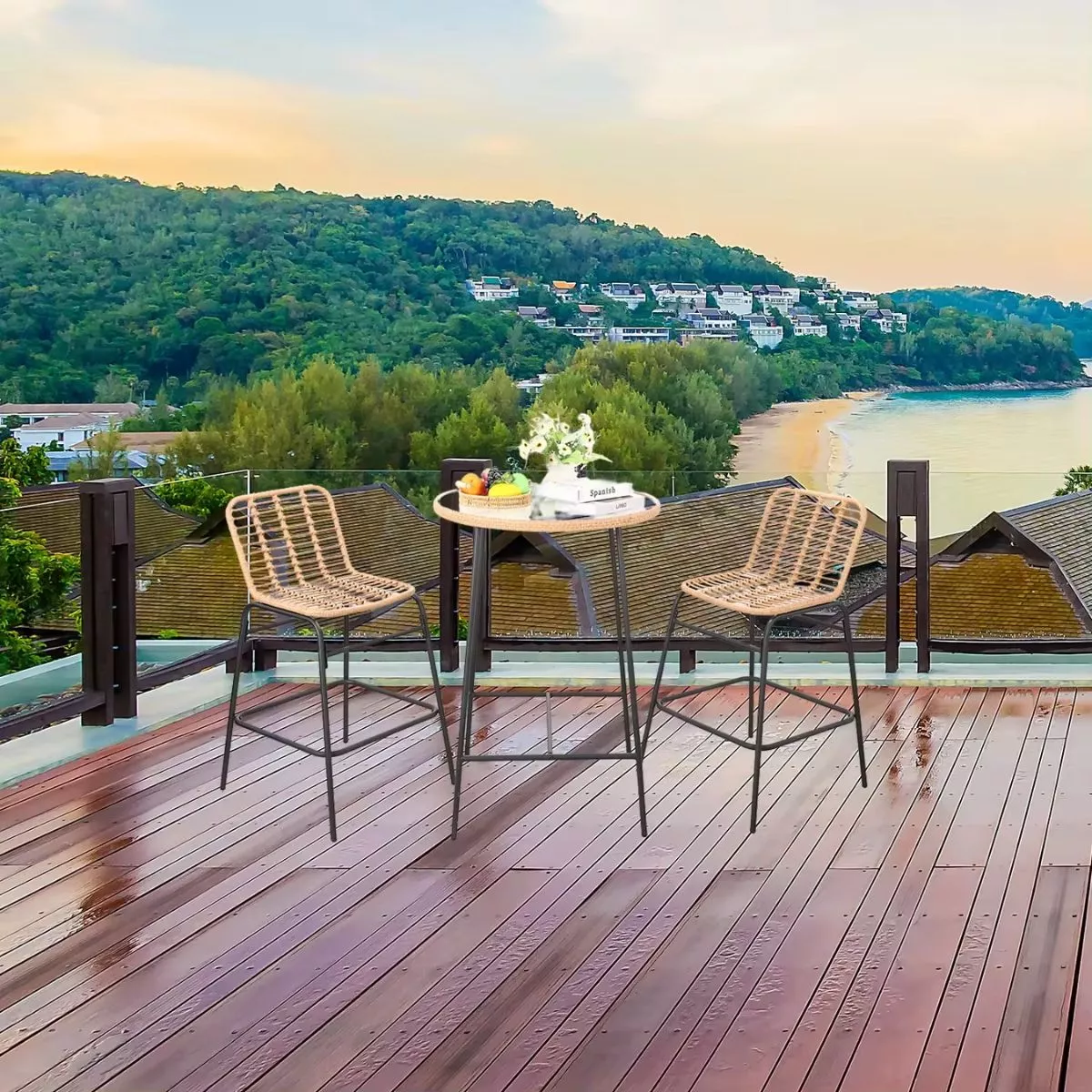 Set pentru terasa cu 2 scaune si o masuta inalte, maro/negru, din metal si polipropilena stil bambus
 2