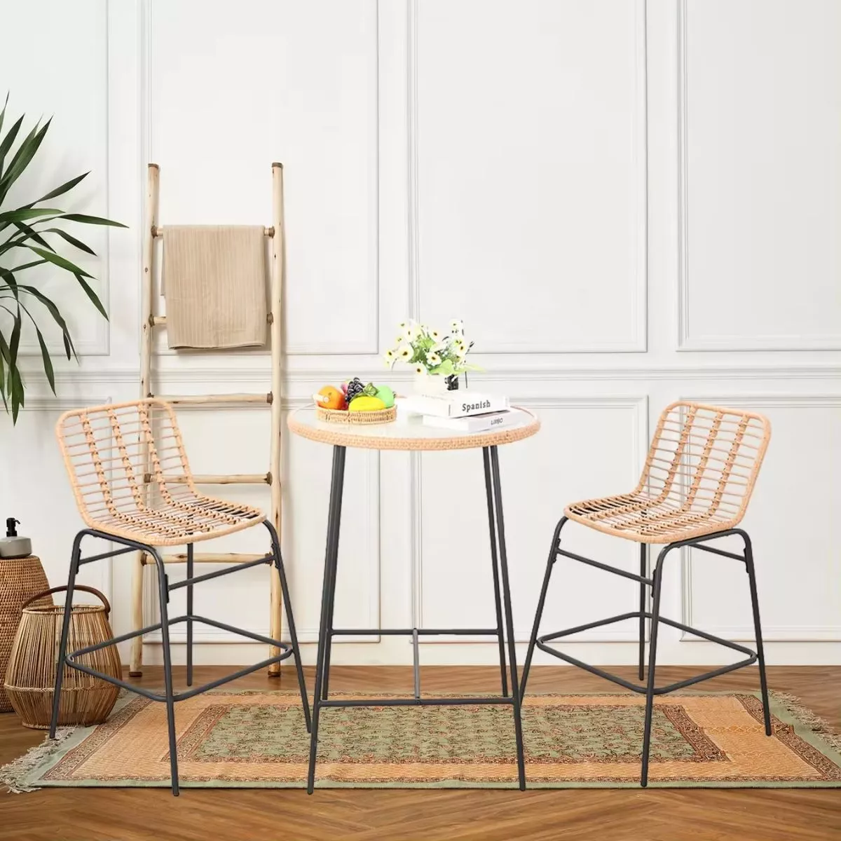 Set pentru terasa cu 2 scaune si o masuta inalte, maro/negru, din metal si polipropilena stil bambus
 5