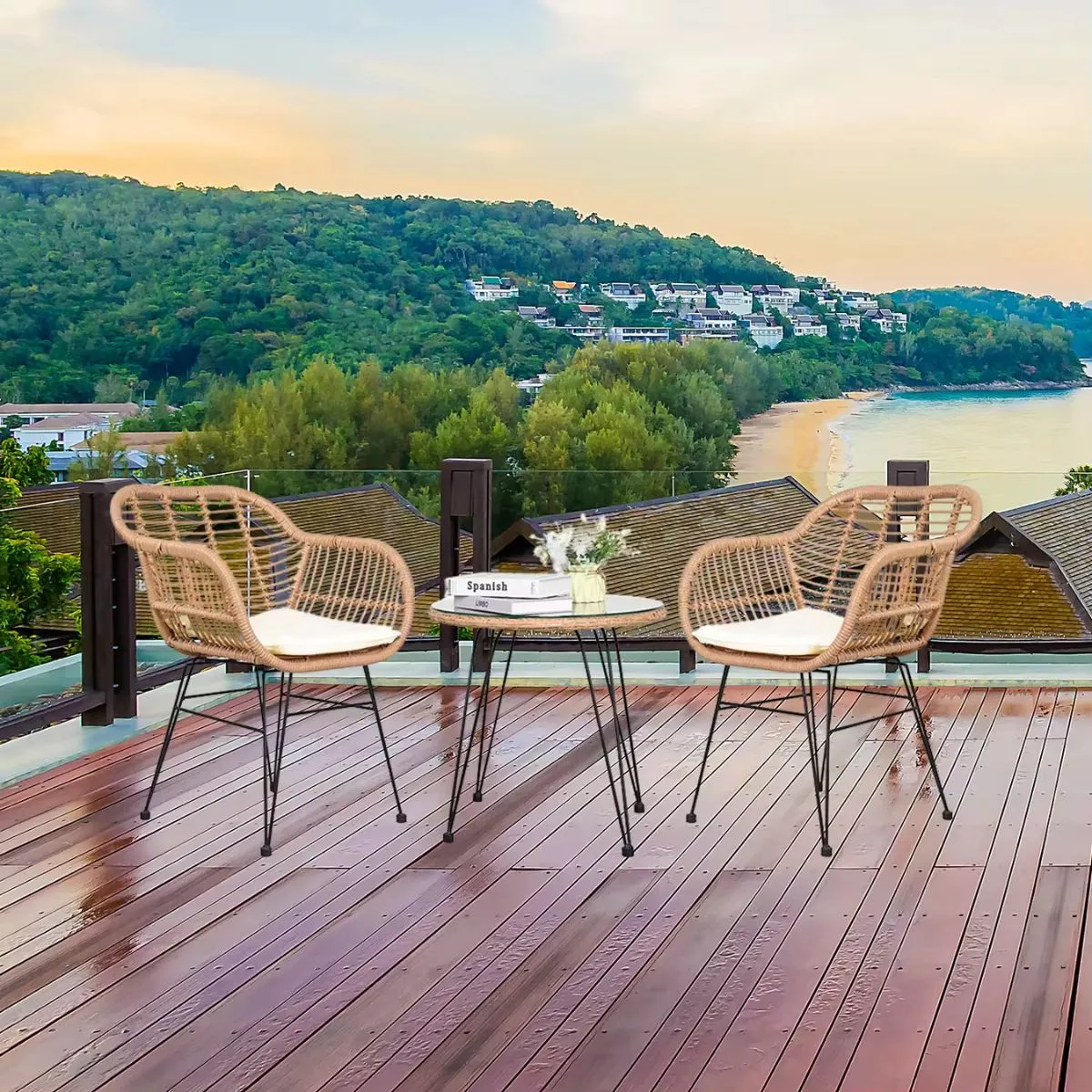 Set pentru terasa cu 2 scaune si o masuta, maro/negru, din metal si polipropilena stil bambus
 4