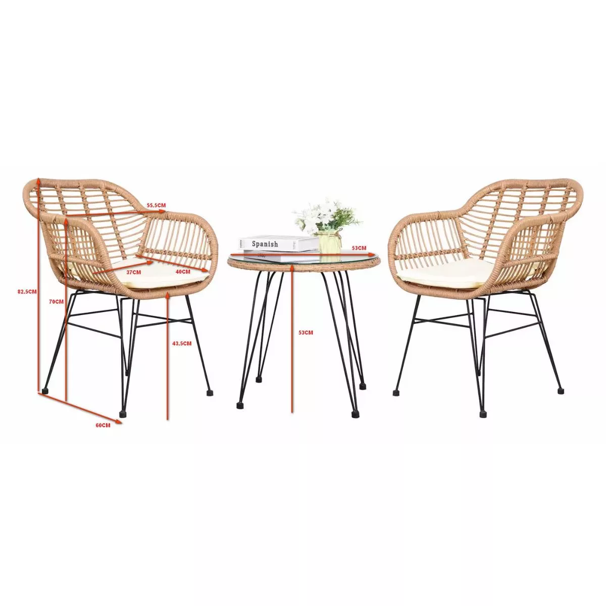Set pentru terasa cu 2 scaune si o masuta, maro/negru, din metal si polipropilena stil bambus
 3