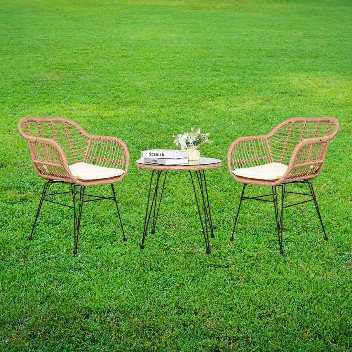 Set pentru terasa cu 2 scaune si o masuta, maro/negru, din metal si polipropilena stil bambus
 5