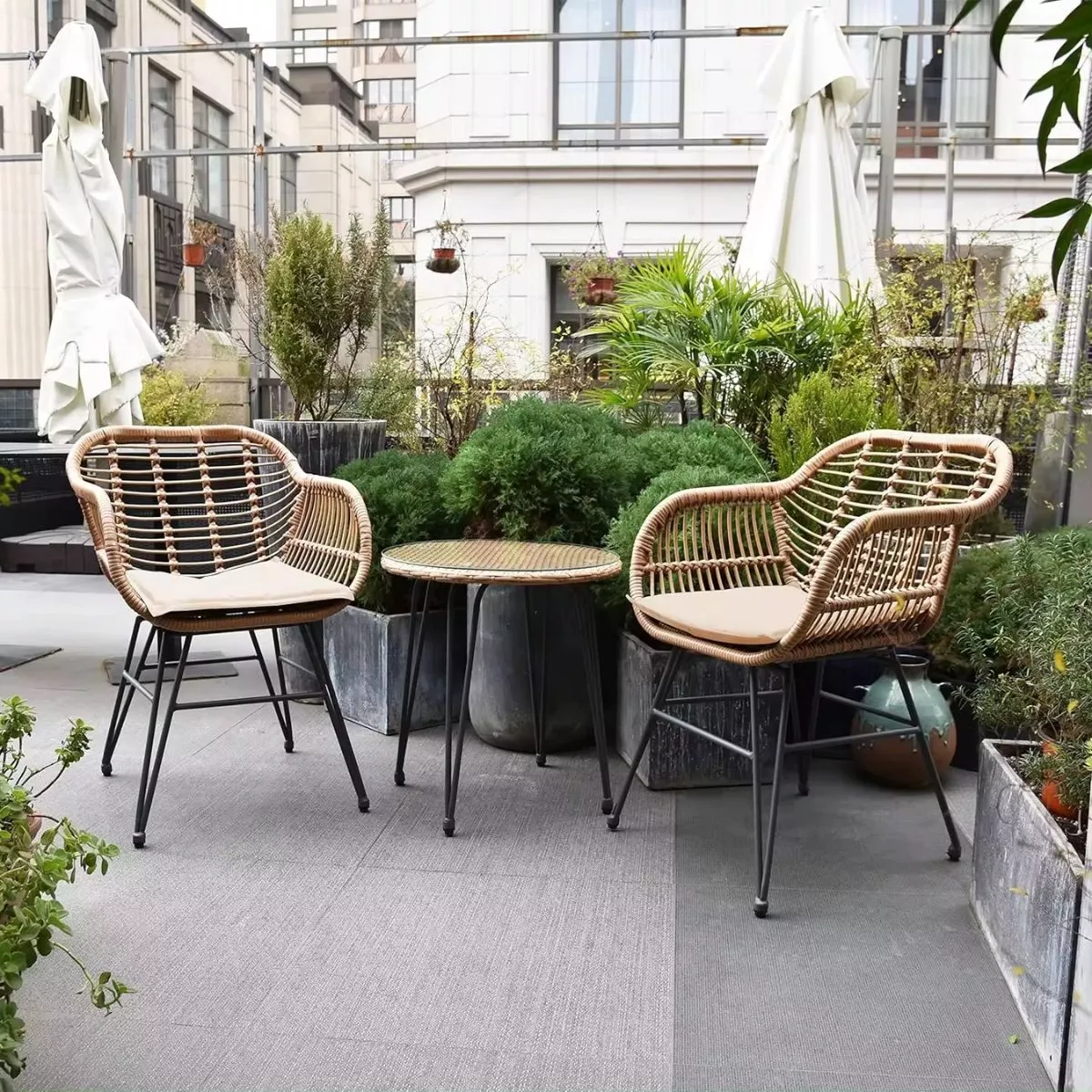 Set pentru terasa cu 2 scaune si o masuta, maro/negru, din metal si polipropilena stil bambus
 2