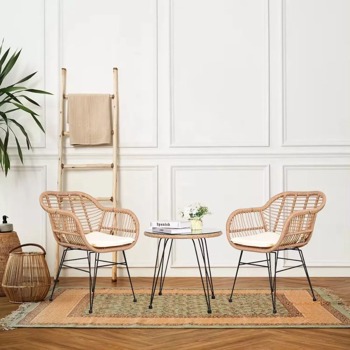 Set pentru terasa cu 2 scaune si o masuta, maro/negru, din metal si polipropilena stil bambus
 8