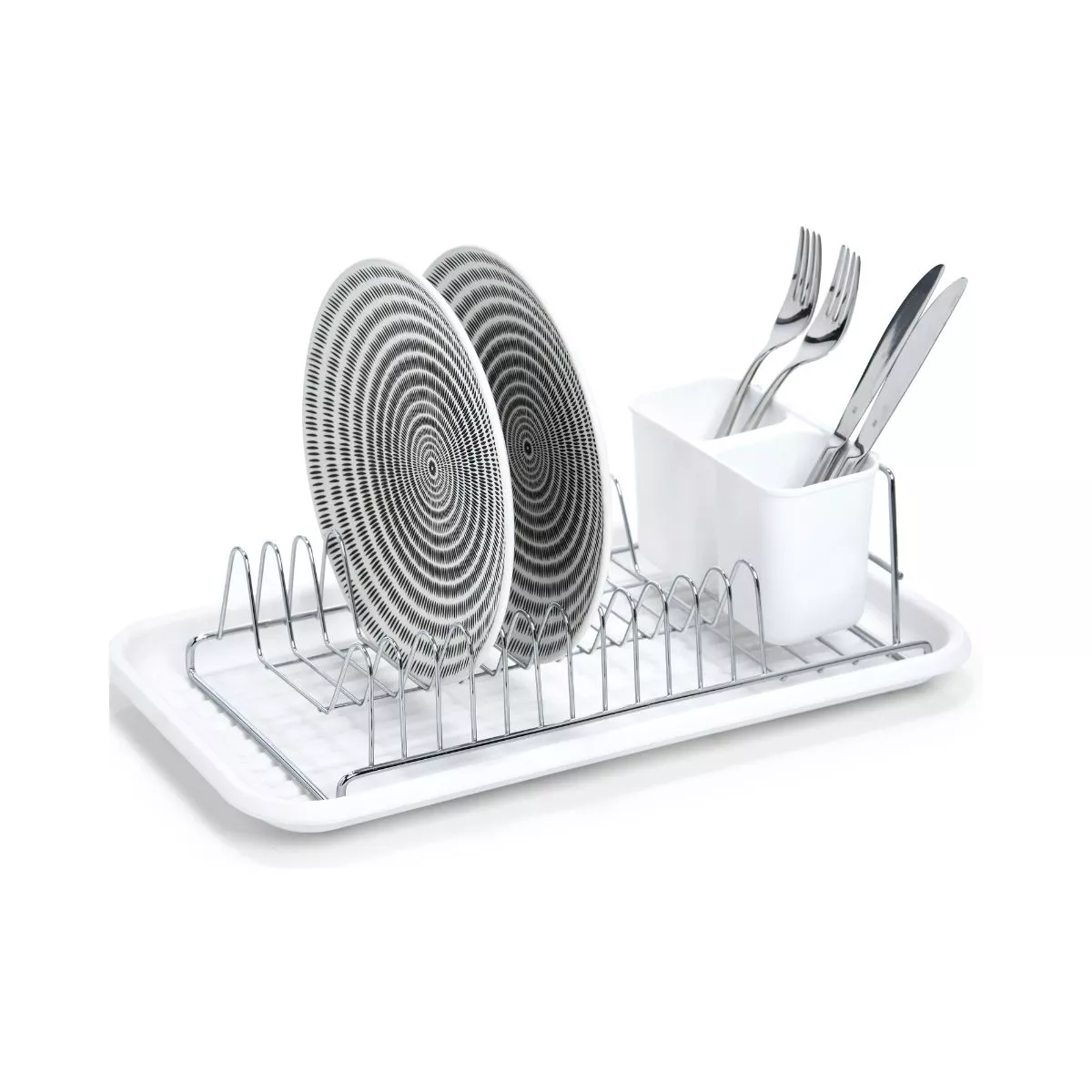 Suport de vase, cu tava si suport de tacamuri, din metal si plastic, 44 cm, Dish Drain Rack Zeller 2