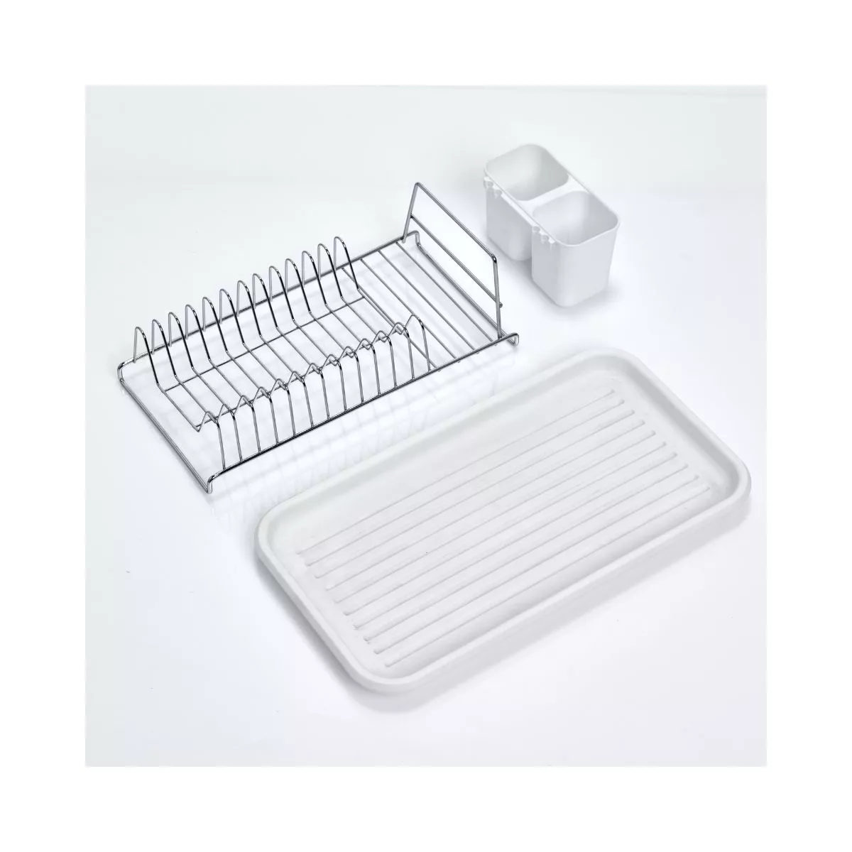 Suport de vase, cu tava si suport de tacamuri, din metal si plastic, 44 cm, Dish Drain Rack Zeller 3