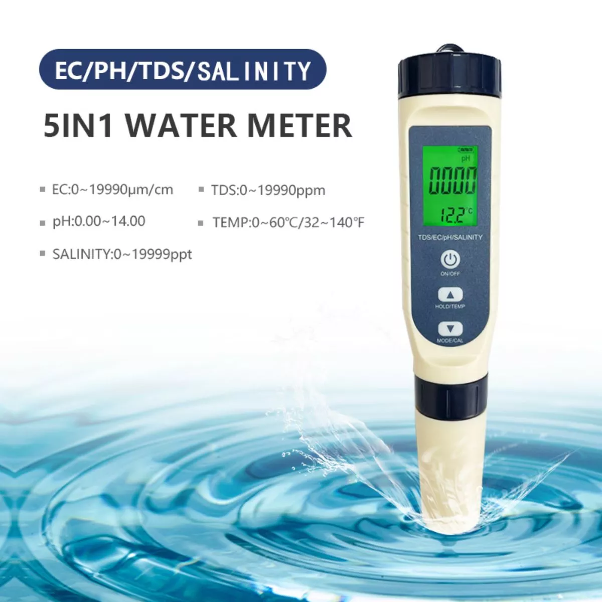 Tester de apa 5 in 1, PH, TDS, Temperatura, EC si Salinitatea, ecran LCD, precizie ridicata 3