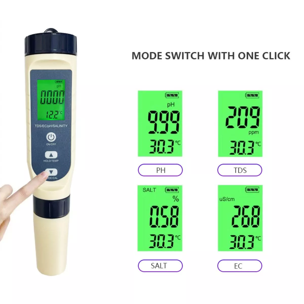 Tester de apa 5 in 1, PH, TDS, Temperatura, EC si Salinitatea, ecran LCD, precizie ridicata 4