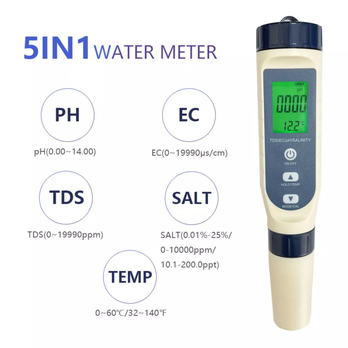Tester de apa 5 in 1, PH, TDS, Temperatura, EC si Salinitatea, ecran LCD, precizie ridicata 2