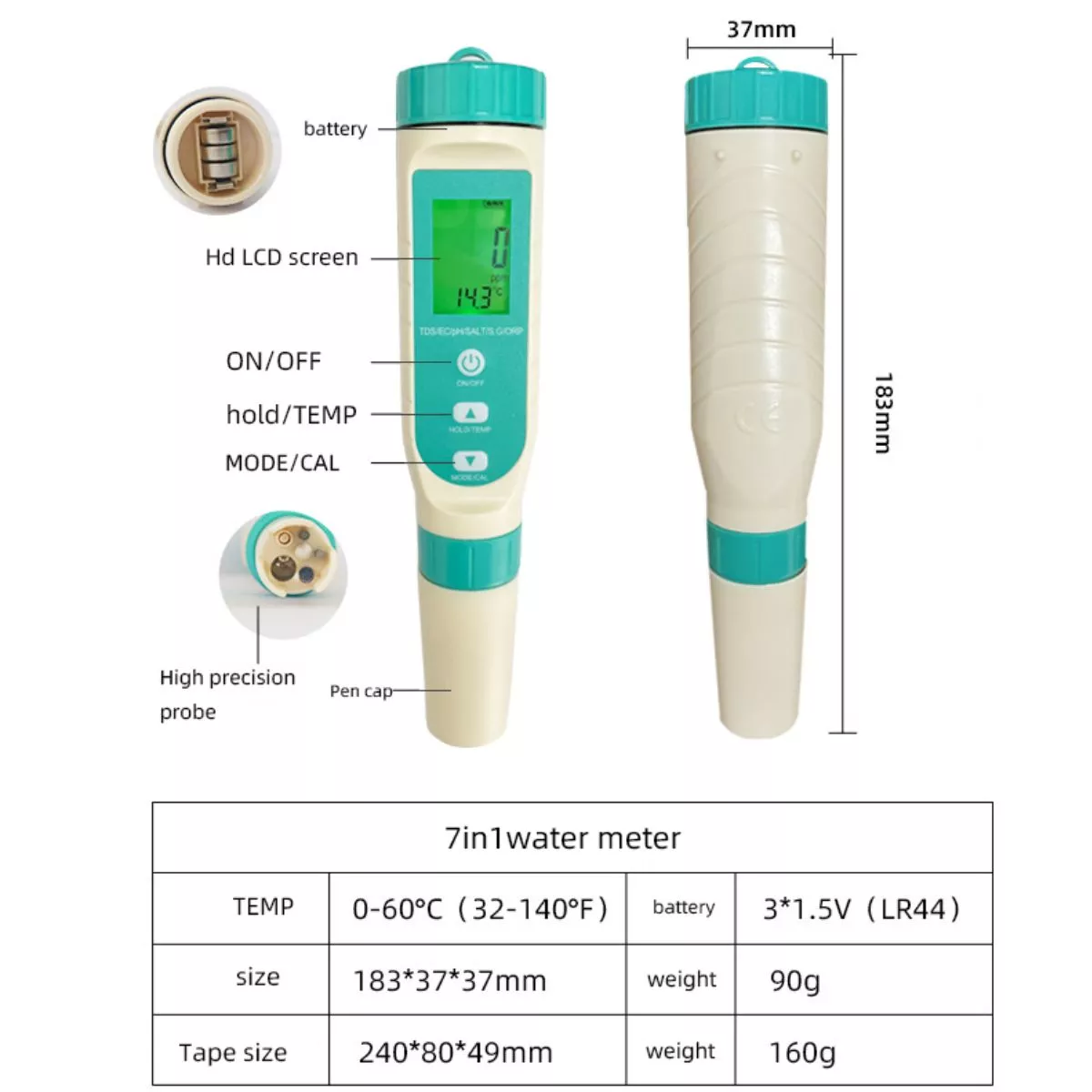 Tester de calitate a apei 7 in 1 PH/TDS/EC/ORP/S.G/Salinitate/Temperatura  2