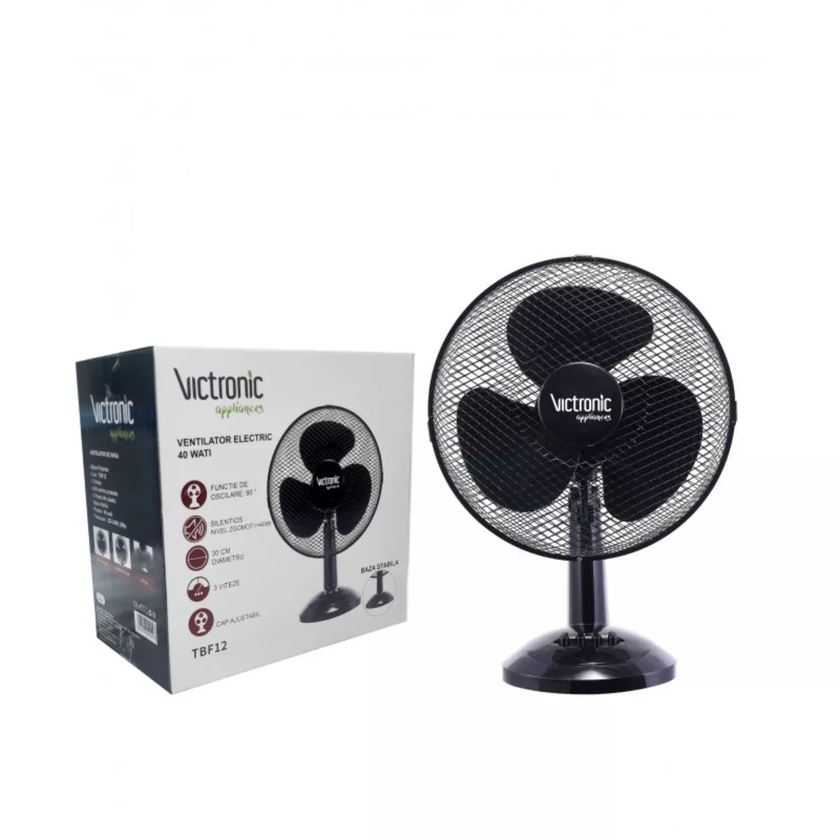 Ventilator pentru birou/masa, 30 cm diametru, 3 trepte de viteza, 40 W, Victronic TBF12 negru 2