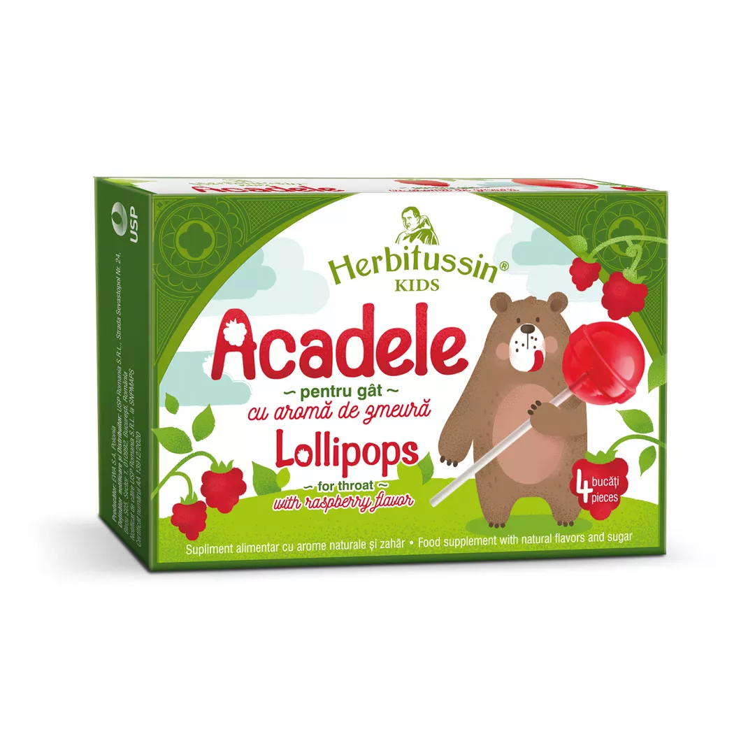 Acadele pentru gat cu aroma de zmeura, Herbitussin Kids, 4 bucati, USP, [],farmaciabajan.ro