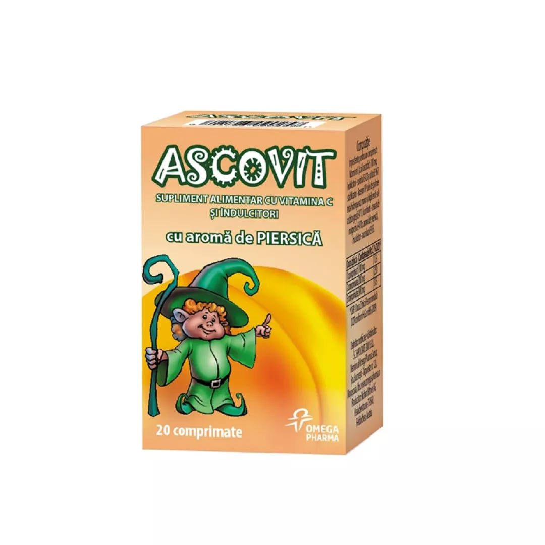 Ascovit cu Vitamina C aroma de piersica, 20 comprimate, Omega Pharm, [],farmaciabajan.ro
