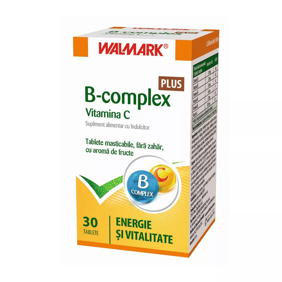 B complex + Vitamina C cu aroma de fructe, 30 tablete, Walmark, [],https:farmaciabajan.ro