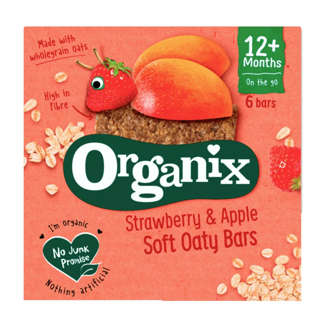 Batoane Bio din ovaz integral cu capsuni si mere, + 12 luni, 6 batoane x 23 g, Organix, [],farmaciabajan.ro