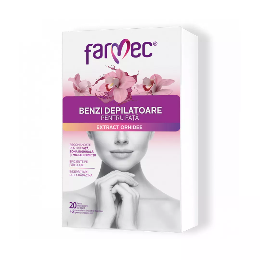 Benzi Depilatoare pentru Fata si Zone Delicate cu Extract de Orhidee, 20 benzi, Farmec, [],farmaciabajan.ro