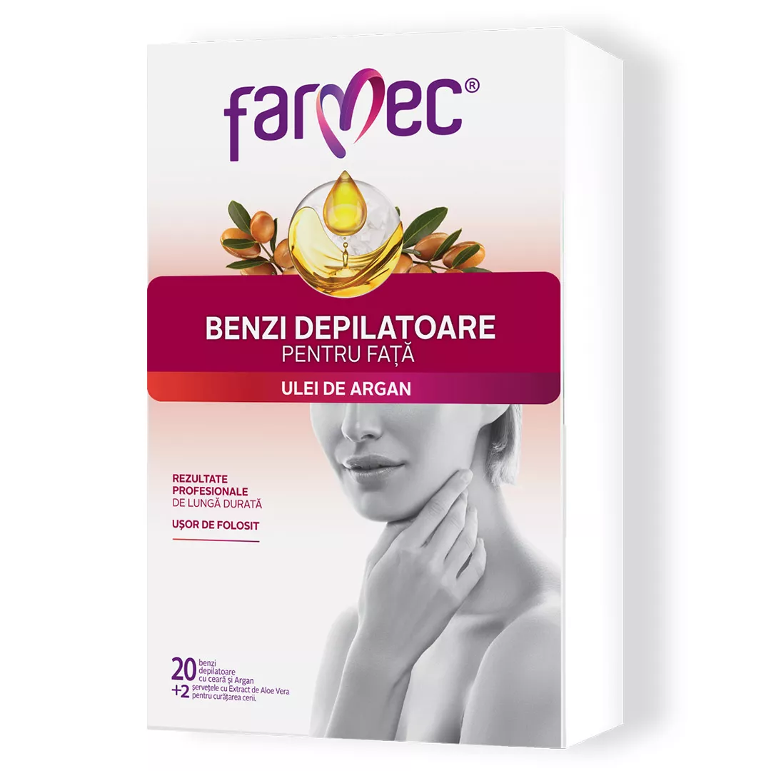 Benzi Depilatoare pentru Fata cu Ceara Alba si Ulei de Argan, 20 benzi, Farmec, [],farmaciabajan.ro