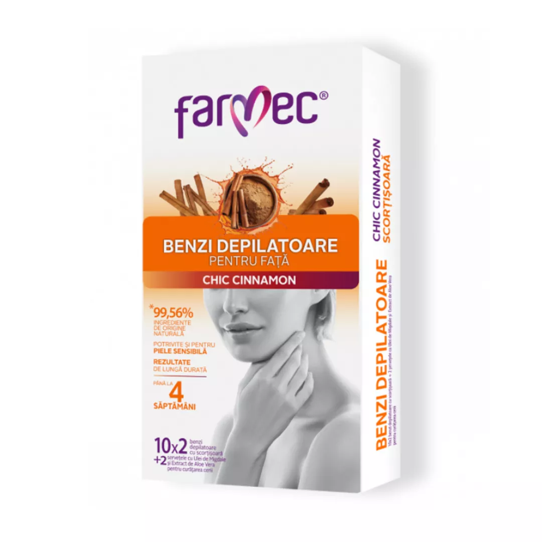 Benzi Depilatoare pentru Fata cu cu Scortisoara potrivite pentru piele sensibila, 20 benzi, Farmec, [],farmaciabajan.ro