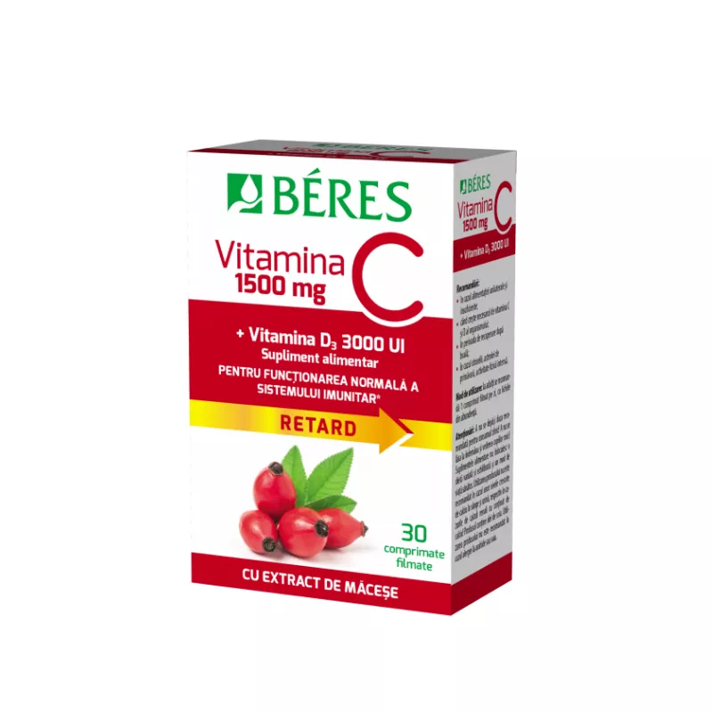 Vitamina C 1500 mg comprimat filmat RETARD + Vitamina D3 3000 UI, 30 comprimate, Beres, [],https:farmaciabajan.ro