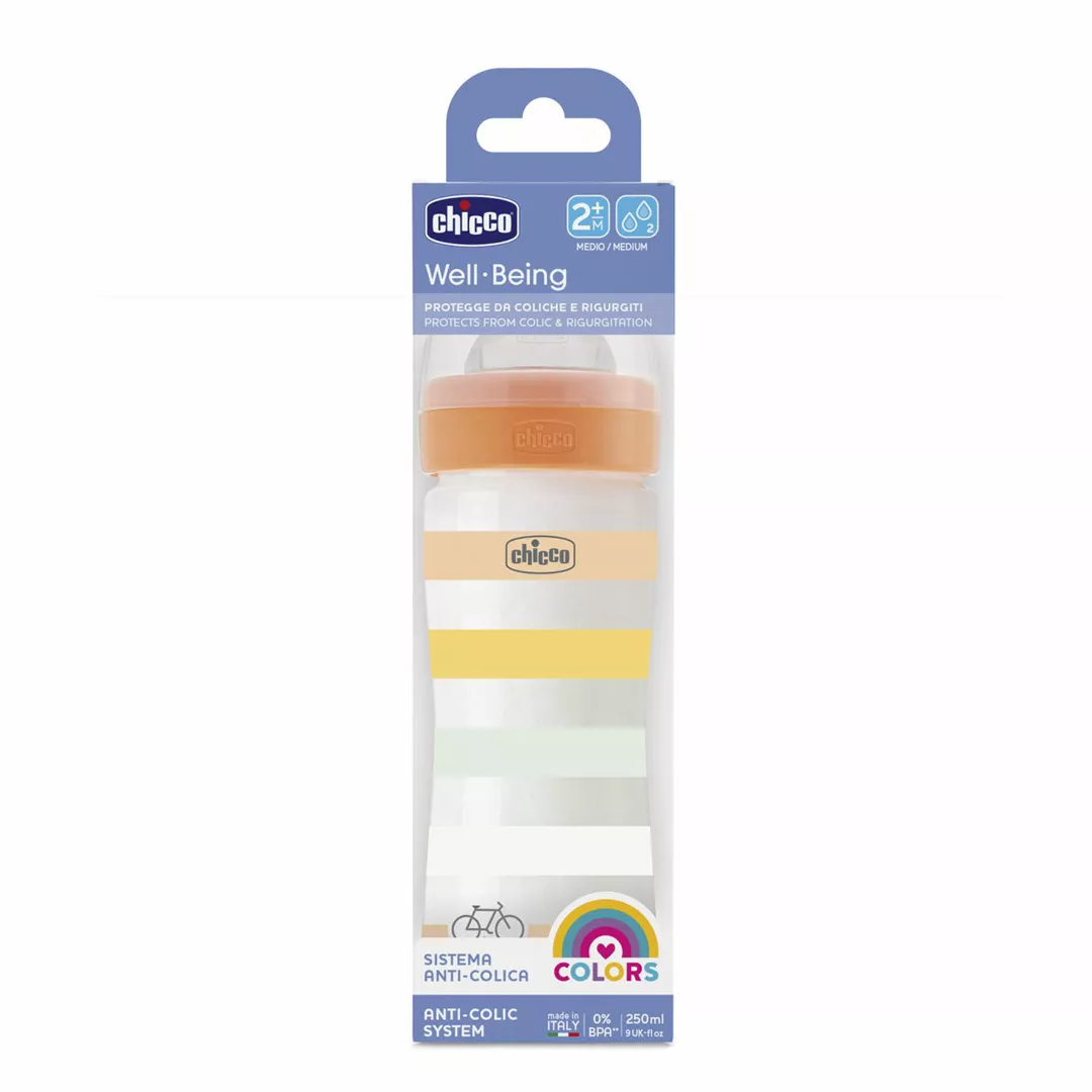 Biberon cu tetina silicon, flux mediu WellBeing PP, +2 luni, Orange, 250 ml, Chicco, [],farmaciabajan.ro
