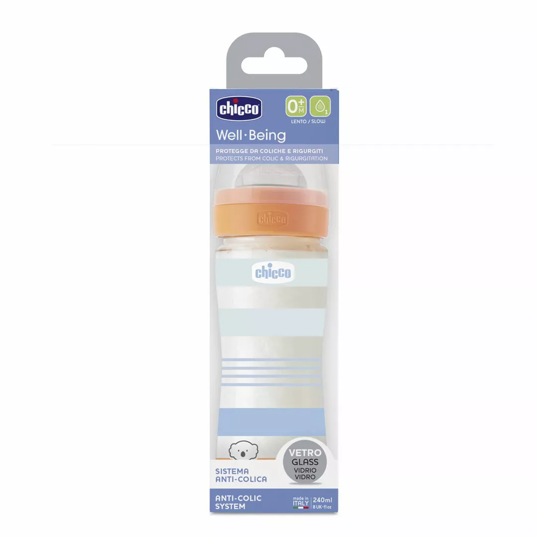 Biberon din sticla cu tetina Flux mediu WellBeing, +0 luni, 240 ml, Chicco, [],farmaciabajan.ro