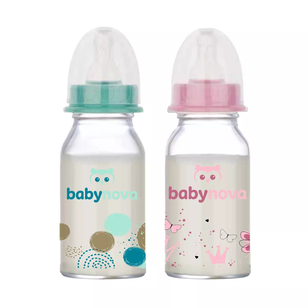 Biberon din sticla decorat, 0-24 luni, 120 ml, BabyNova, [],farmaciabajan.ro