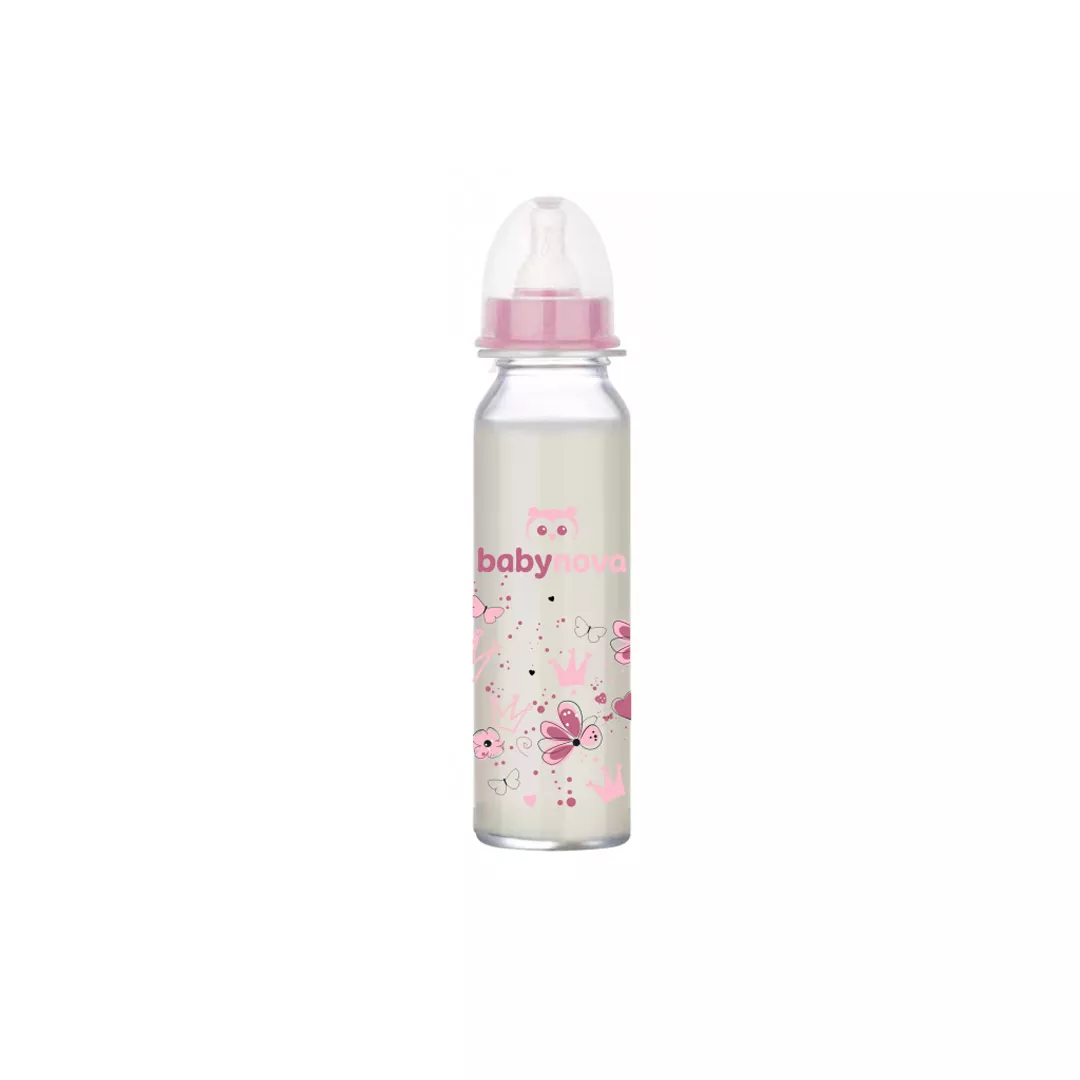 Biberon din sticla decorat 0-24 luni, fata, 240 ml, 43706, Baby nova, [],farmaciabajan.ro