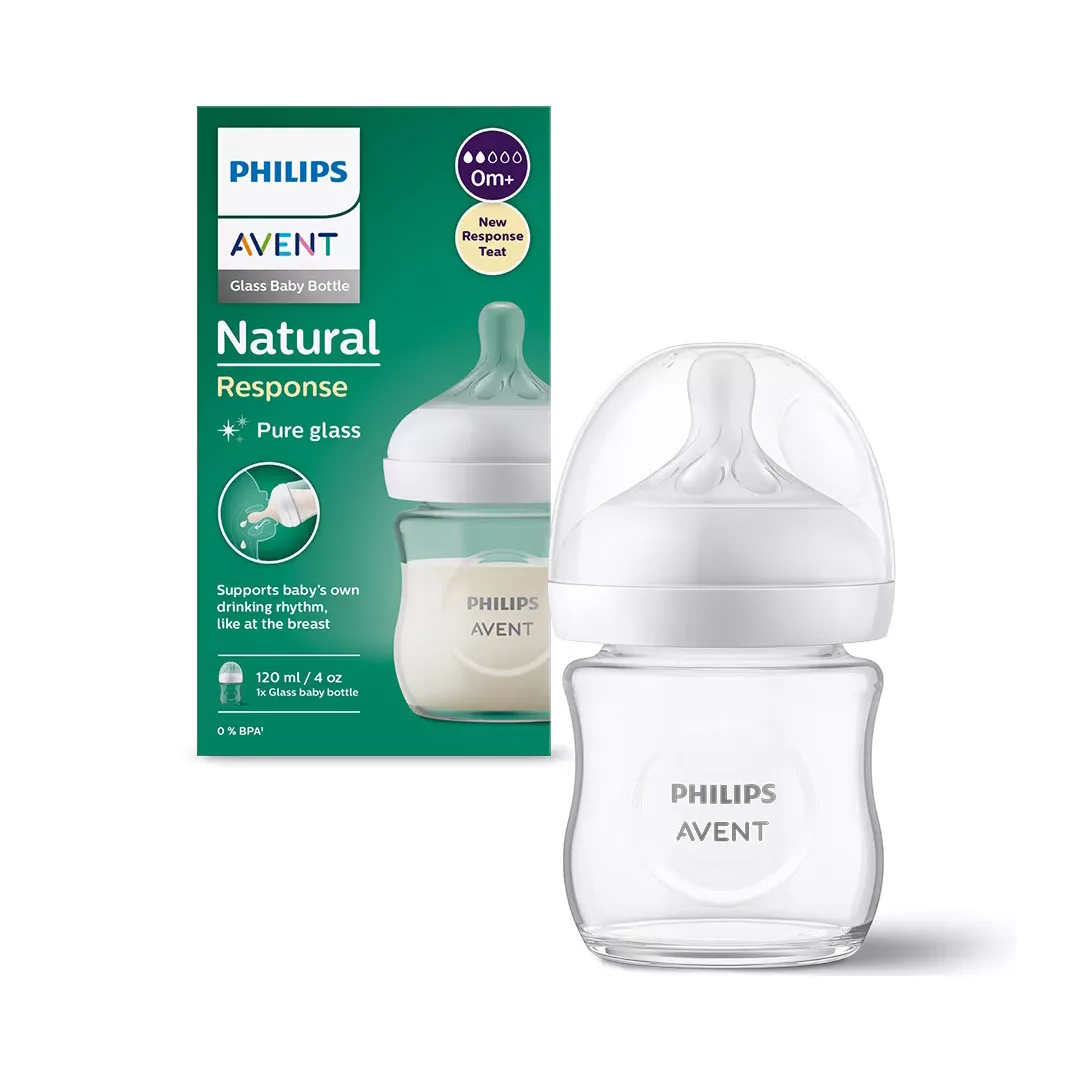 Biberon din sticla Philips Avent Natural Response SCY930/01, 120 ml, tetina care functioneaza ca sanul mamei, cu debit 2, tetina fara scurgeri, +0 luni, fara BPA, usor de curatat, [],farmaciabajan.ro