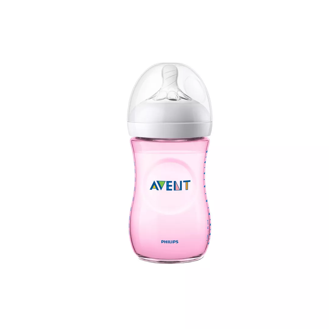Biberon Natural, cu tetina debit lent, Roz, 260 ml, SCF034/17, Philips Avent, [],farmaciabajan.ro