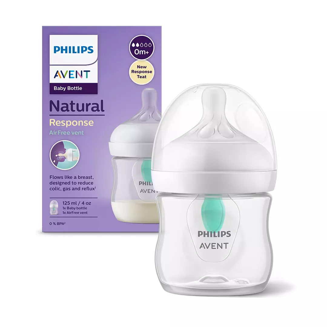 Biberon Philips Avent Natural Response SCY670/01, cu dispozitiv anticolici AirFree, tetina care functioneaza ca sanul mamei, cu debit 2, +0 luni, 125 ml, [],farmaciabajan.ro