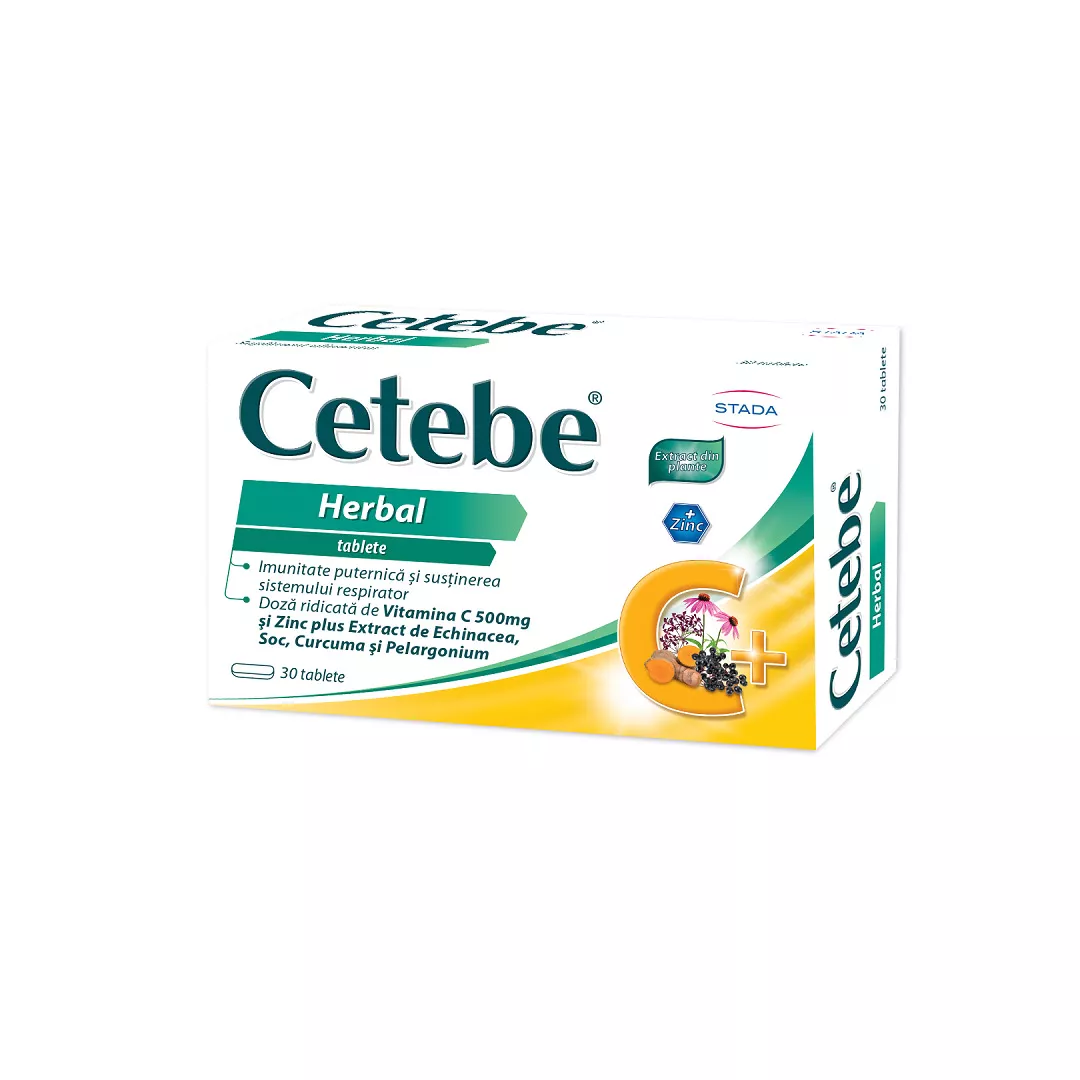 Cetebe Herbal Vitamina C 500 mg, Zinc, Extras Echinacea, Soc Curcuma si Pelagonium, 30 tablete, Stada, [],farmaciabajan.ro