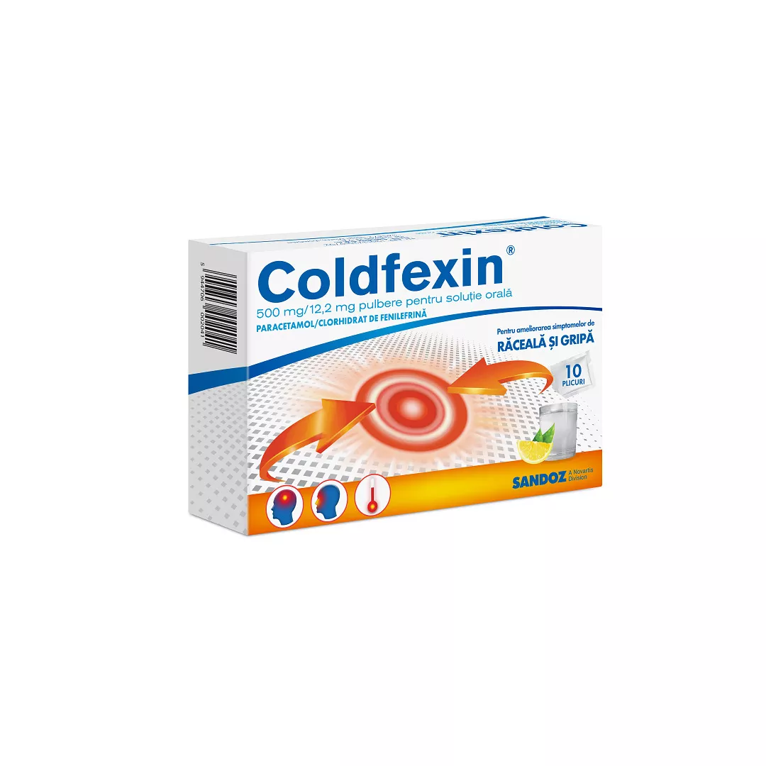 Coldfexin, 500 mg/12,2 mg pulbere pentru solutie orala, 10 plicuri, Sandoz, [],farmaciabajan.ro